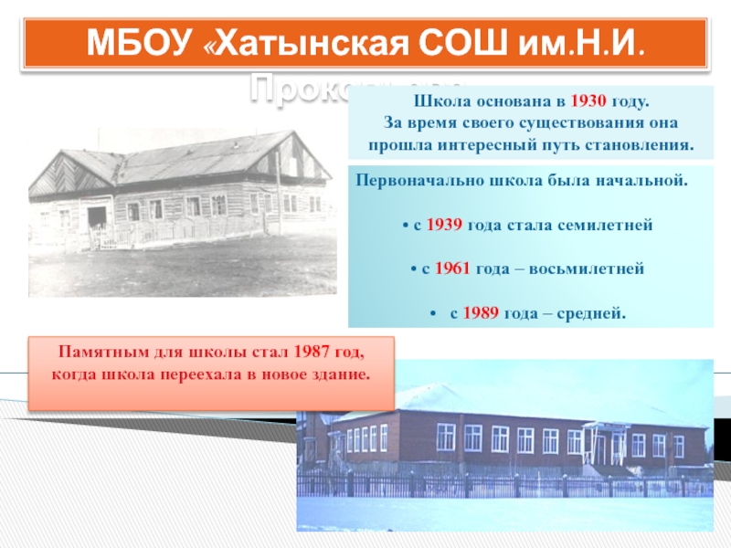 МБОУ  Хатынская СОШ им.Н.И.Прокопьева
Школа основана в 1930 году.
За время